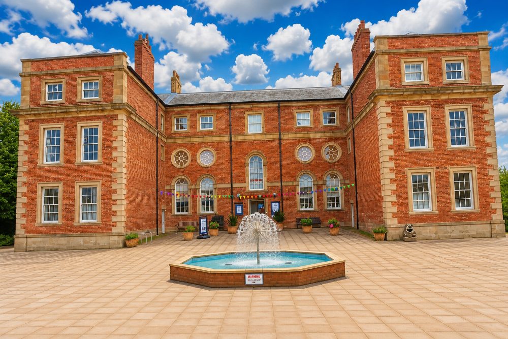 The red brick front of Kirkleatham Museum on a sunny day, with a fountain in the courtyard